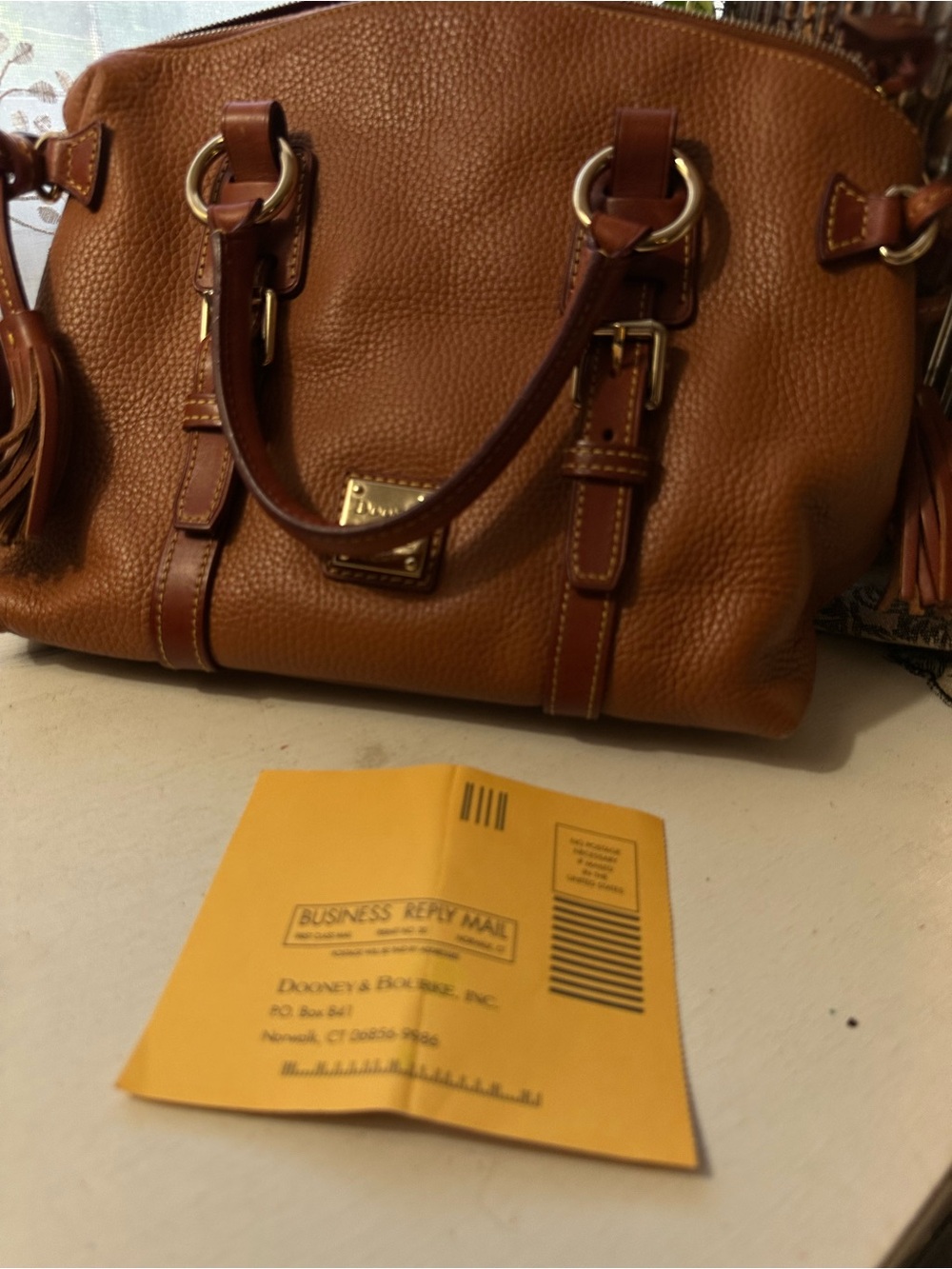 Dooney & Bourke Rustic Brown Pebbled Leather Domed Tassel Satchel - Picture 5 of 12